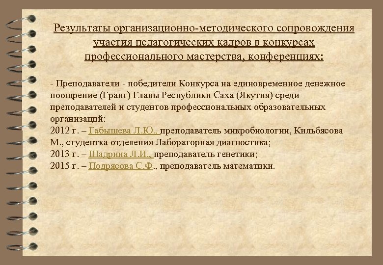 Результаты организационно-методического сопровождения участия педагогических кадров в конкурсах профессионального мастерства, конференциях: - Преподаватели -