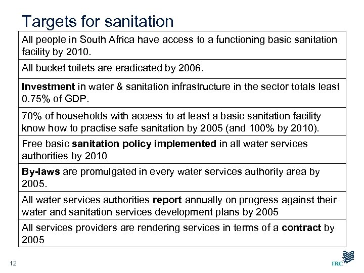 Targets for sanitation All people in South Africa have access to a functioning basic