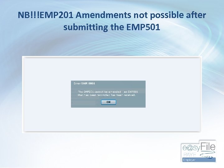NB!!!EMP 201 Amendments not possible after submitting the EMP 501 