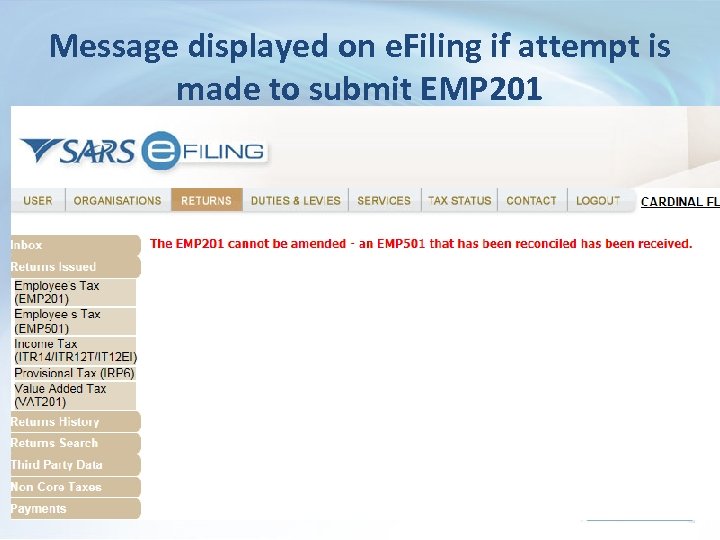 Message displayed on e. Filing if attempt is made to submit EMP 201 