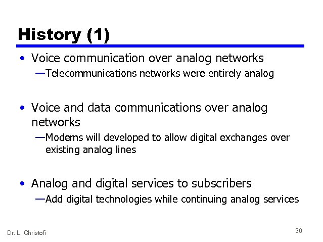 History (1) • Voice communication over analog networks — Telecommunications networks were entirely analog