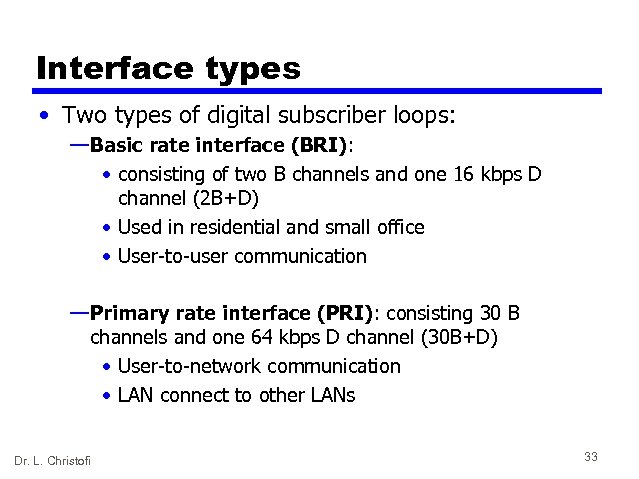 Interface types • Two types of digital subscriber loops: — Basic rate interface (BRI):