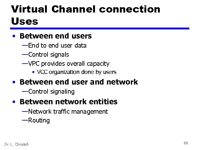 Virtual Channel connection Uses • Between end users — End to end user data