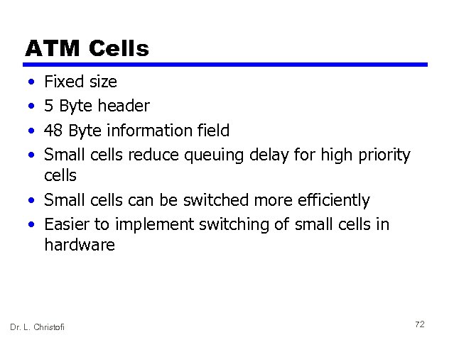 ATM Cells • • Fixed size 5 Byte header 48 Byte information field Small