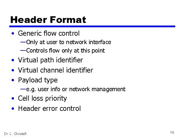 Header Format • Generic flow control — Only at user to network interface —