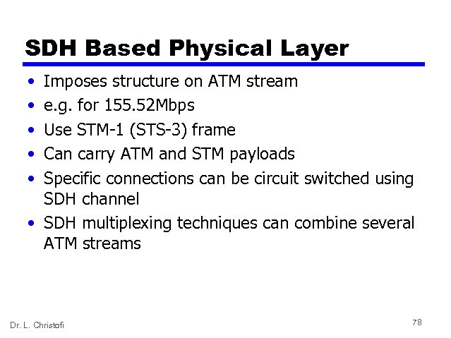 SDH Based Physical Layer • • • Imposes structure on ATM stream e. g.