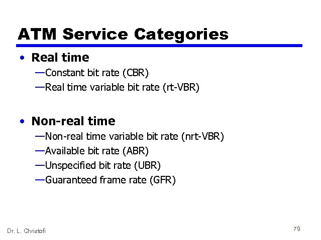 ATM Service Categories • Real time — Constant bit rate (CBR) — Real time