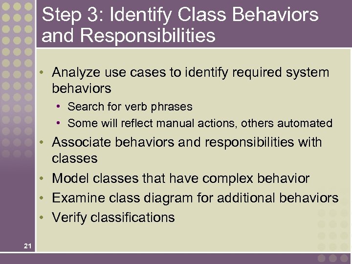 Step 3: Identify Class Behaviors and Responsibilities • Analyze use cases to identify required