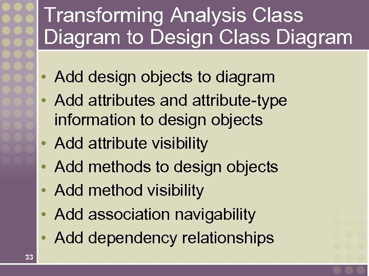 Transforming Analysis Class Diagram to Design Class Diagram • Add design objects to diagram