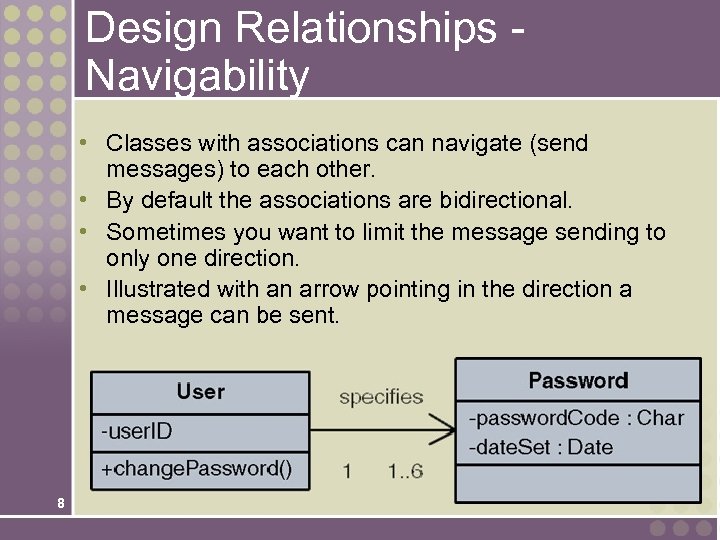 Design Relationships Navigability • Classes with associations can navigate (send messages) to each other.