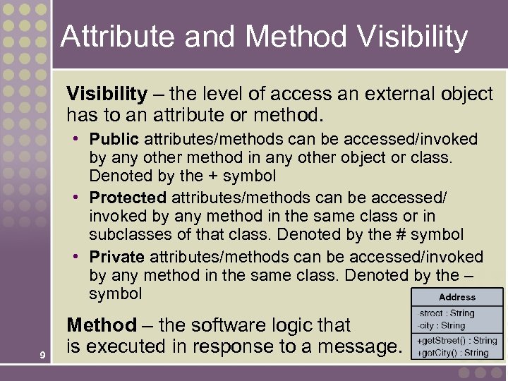 Attribute and Method Visibility – the level of access an external object has to