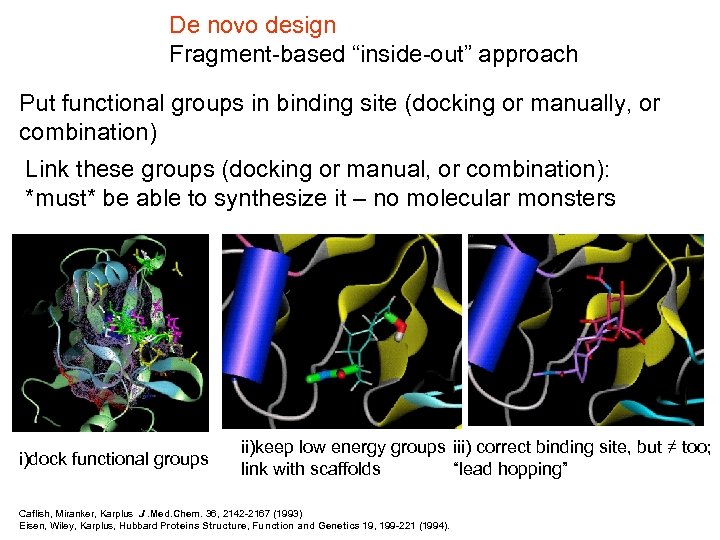 De novo design Fragment-based “inside-out” approach Put functional groups in binding site (docking or