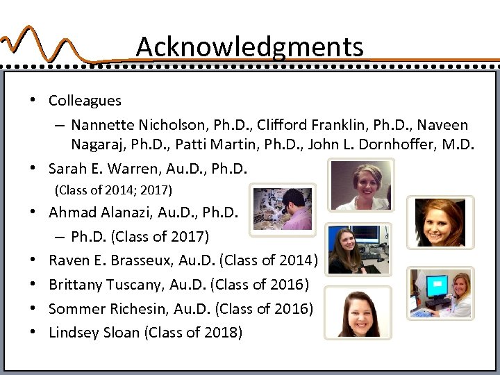 Acknowledgments • Colleagues – Nannette Nicholson, Ph. D. , Clifford Franklin, Ph. D. ,