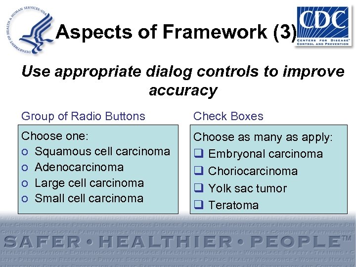 Aspects of Framework (3) Use appropriate dialog controls to improve accuracy Group of Radio