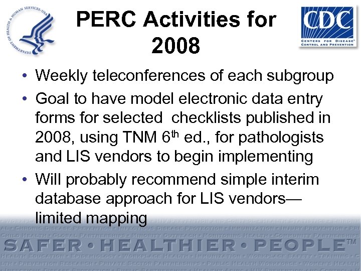 PERC Activities for 2008 • Weekly teleconferences of each subgroup • Goal to have