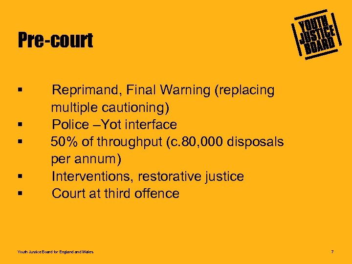 Pre-court § § § Reprimand, Final Warning (replacing multiple cautioning) Police –Yot interface 50%