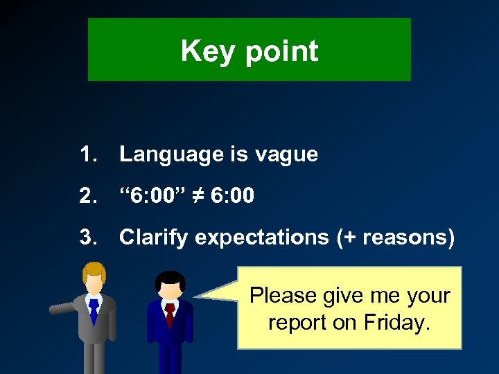 Key point 1. Language is vague 2. “ 6: 00” ≠ 6: 00 3.