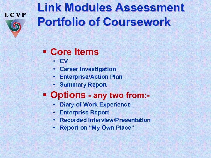 Link Modules Assessment Portfolio of Coursework § Core Items • • CV Career Investigation