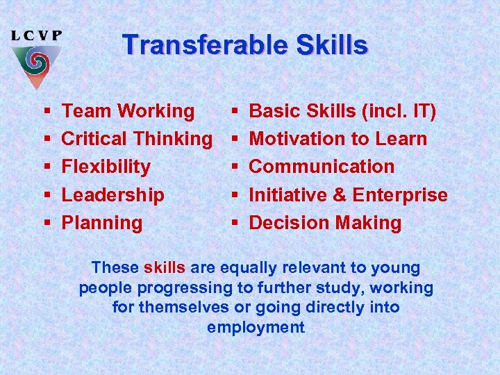 Transferable Skills § § § Team Working Critical Thinking Flexibility Leadership Planning § §