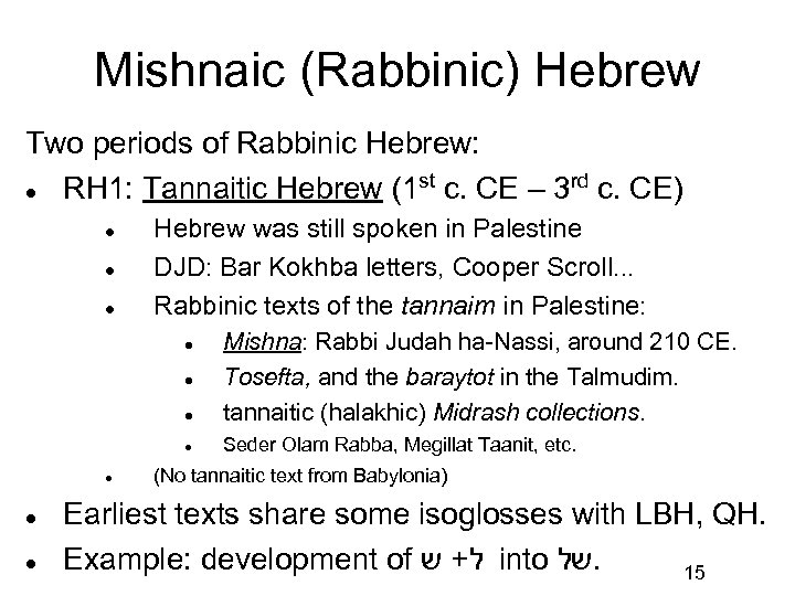 Mishnaic (Rabbinic) Hebrew Two periods of Rabbinic Hebrew: st rd RH 1: Tannaitic Hebrew