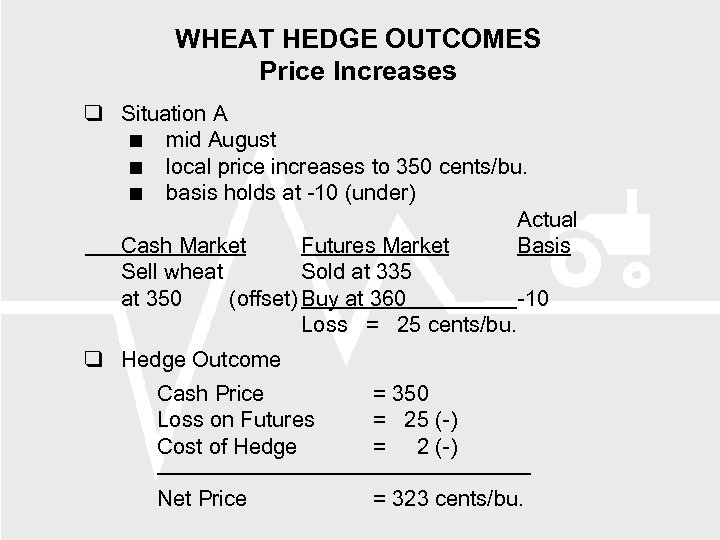 WHEAT HEDGE OUTCOMES Price Increases Situation A mid August local price increases to 350