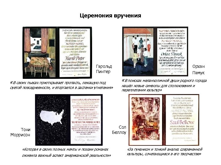 Церемония вручения Гарольд Пинтер «В своих пьесах приоткрывает пропасть, лежащую под «В поисках меланхоличной
