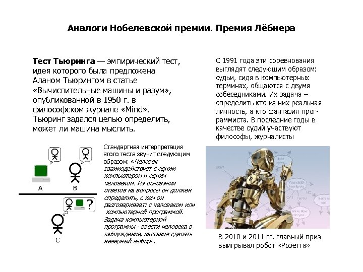 Аналоги Нобелевской премии. Премия Лёбнера Тест Тьюринга — эмпирический тест, идея которого была предложена