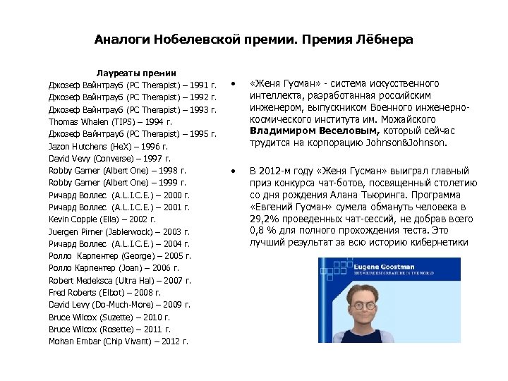 Аналоги Нобелевской премии. Премия Лёбнера Лауреаты премии Джозеф Вайнтрауб (PC Therapist) – 1991 г.