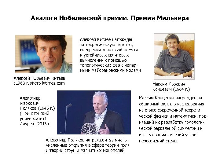 Аналоги Нобелевской премии. Премия Мильнера Алексей Китаев награжден за теоретическую гипотезу внедрения квантовой памяти