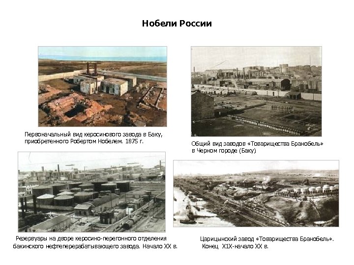 Нобели России Первоначальный вид керосинового завода в Баку, приобретенного Робертом Нобелем. 1875 г. Резервуары