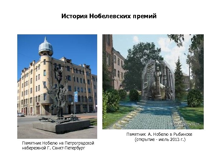 История Нобелевских премий Памятник Нобелю на Петроградской набережной Г. Санкт-Петербург Памятник А. Нобелю в