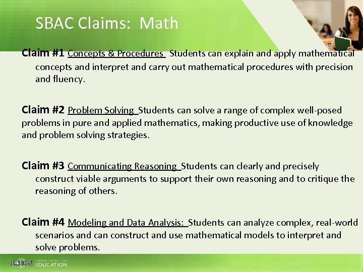SBAC Claims: Math Claim #1 Concepts & Procedures Students can explain and apply mathematical