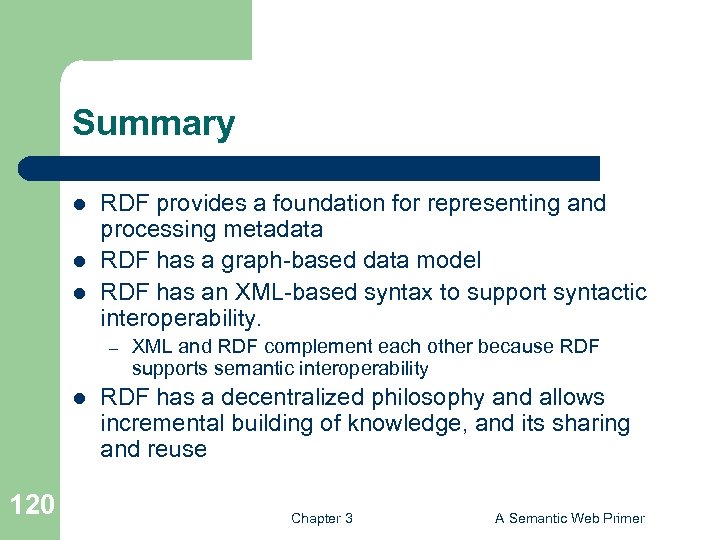 Summary l l l RDF provides a foundation for representing and processing metadata RDF