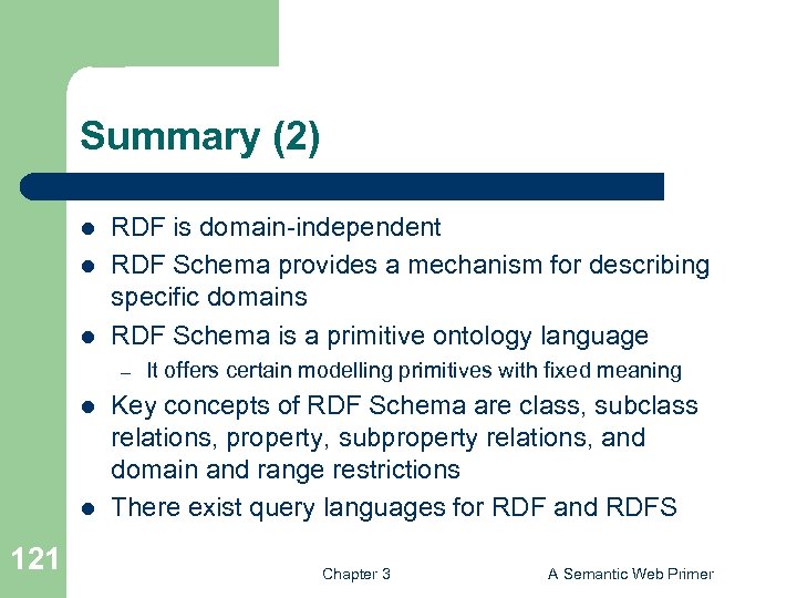 Summary (2) l l l RDF is domain-independent RDF Schema provides a mechanism for