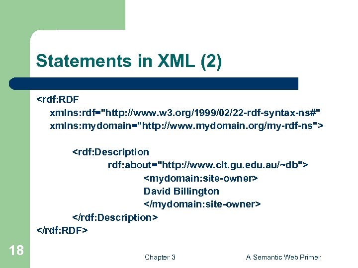 Statements in XML (2) <rdf: RDF xmlns: rdf="http: //www. w 3. org/1999/02/22 -rdf-syntax-ns#" xmlns: