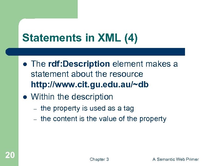 Statements in XML (4) l l The rdf: Description element makes a statement about