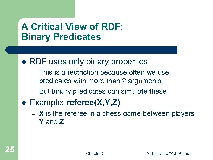 A Critical View of RDF: Binary Predicates l RDF uses only binary properties –