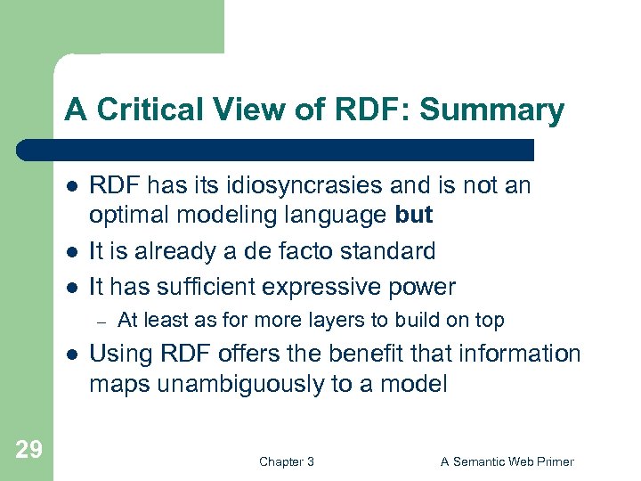 A Critical View of RDF: Summary l l l RDF has its idiosyncrasies and