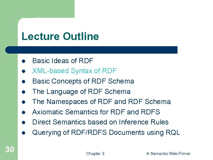 Lecture Outline l l l l 30 Basic Ideas of RDF XML-based Syntax of