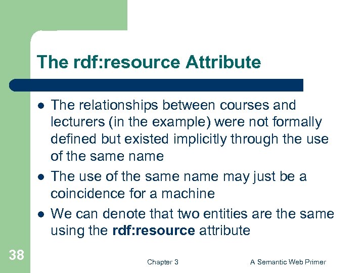 The rdf: resource Attribute l l l 38 The relationships between courses and lecturers