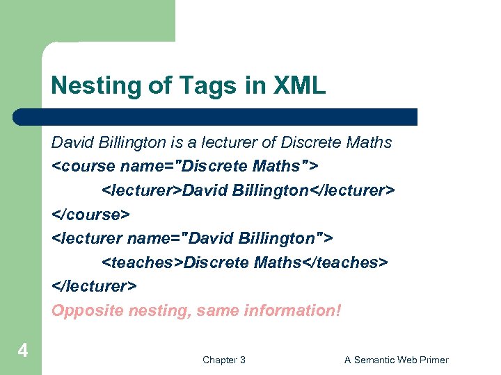 Nesting of Tags in XML David Billington is a lecturer of Discrete Maths <course