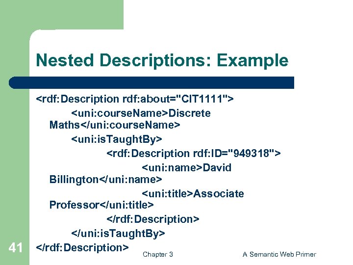 Nested Descriptions: Example 41 <rdf: Description rdf: about="CIT 1111"> <uni: course. Name>Discrete Maths</uni: course.