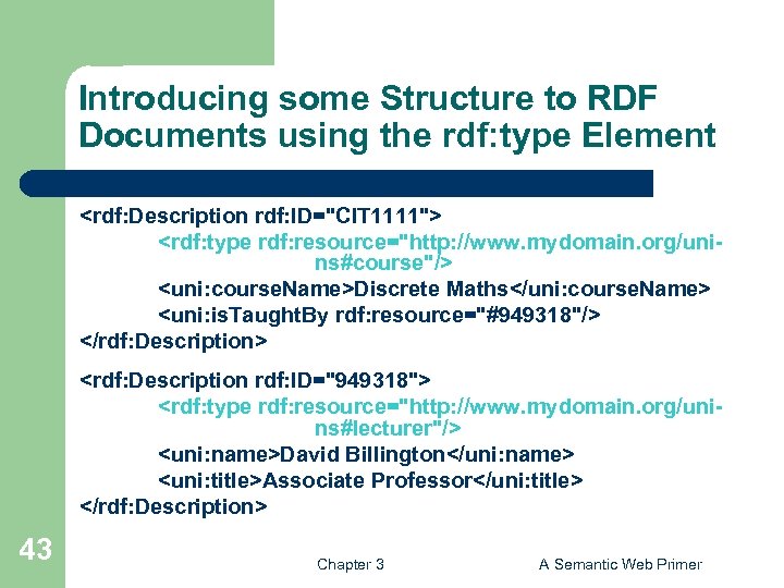 Introducing some Structure to RDF Documents using the rdf: type Element <rdf: Description rdf: