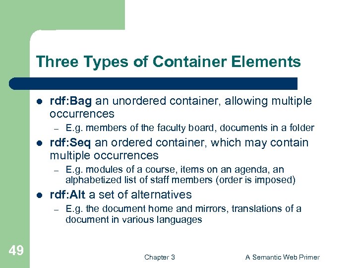 Three Types of Container Elements l rdf: Bag an unordered container, allowing multiple occurrences