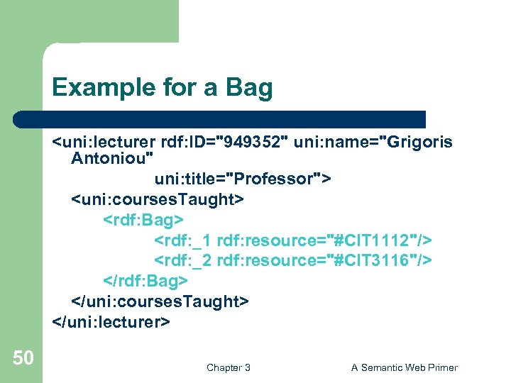 Example for a Bag <uni: lecturer rdf: ID="949352" uni: name="Grigoris Antoniou" uni: title="Professor"> <uni: