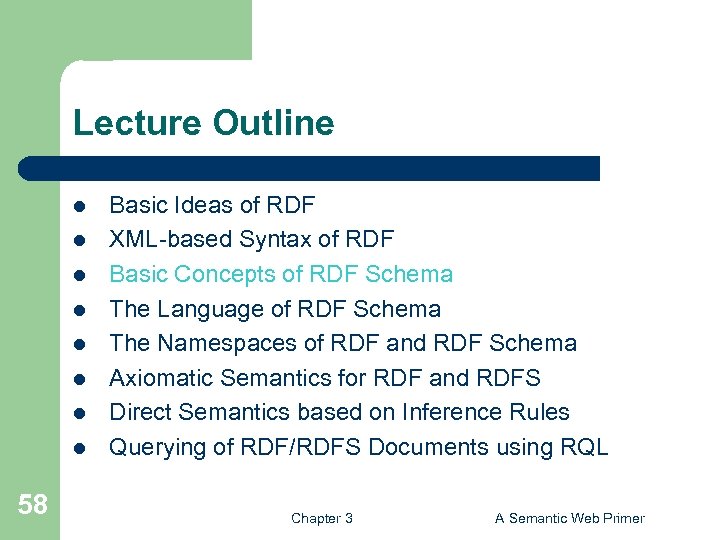 Lecture Outline l l l l 58 Basic Ideas of RDF XML-based Syntax of