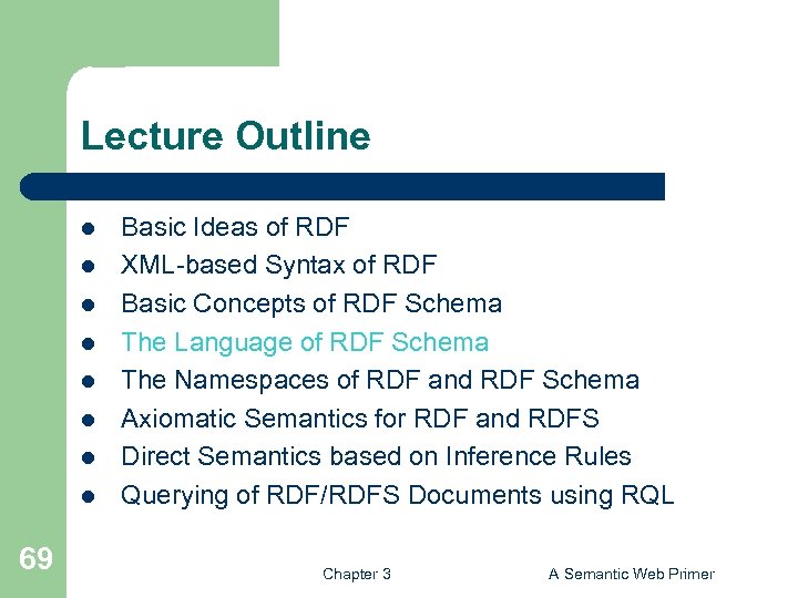 Lecture Outline l l l l 69 Basic Ideas of RDF XML-based Syntax of