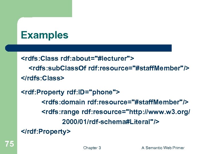 Examples <rdfs: Class rdf: about="#lecturer"> <rdfs: sub. Class. Of rdf: resource="#staff. Member"/> </rdfs: Class>