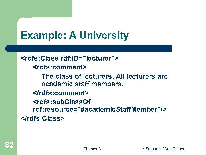 Example: A University <rdfs: Class rdf: ID="lecturer"> <rdfs: comment> The class of lecturers. All