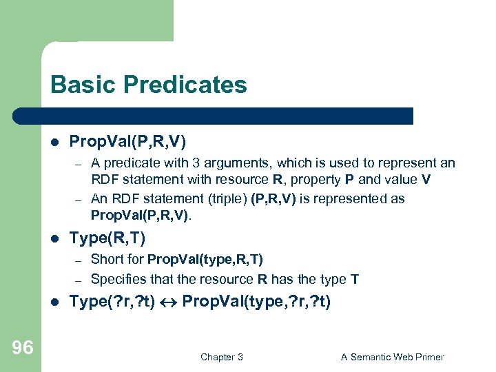 Basic Predicates l Prop. Val(P, R, V) – – l Type(R, T) – –